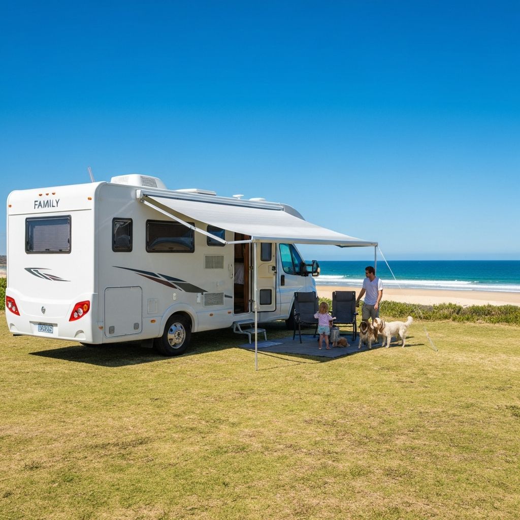 Family motorhome at Australian beach campsite